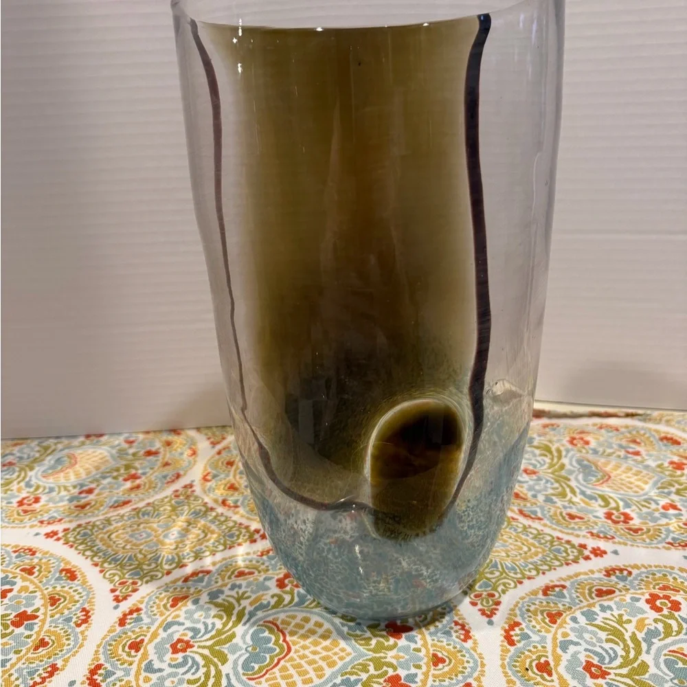 Hand blown Murano style. Turquoise and brown 22” glass vase. Stunning piece.